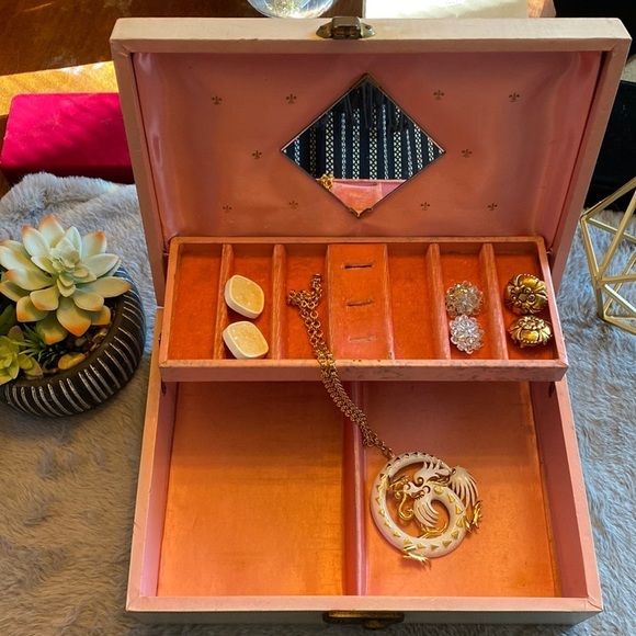 Other - 𝅺1950s Pink Leather Jewelry Box, Mid Century Jewelry , Vintage Jewelry Box